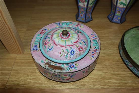 A pair of Chinese Canton enamel containers and vases, 19th/20th century